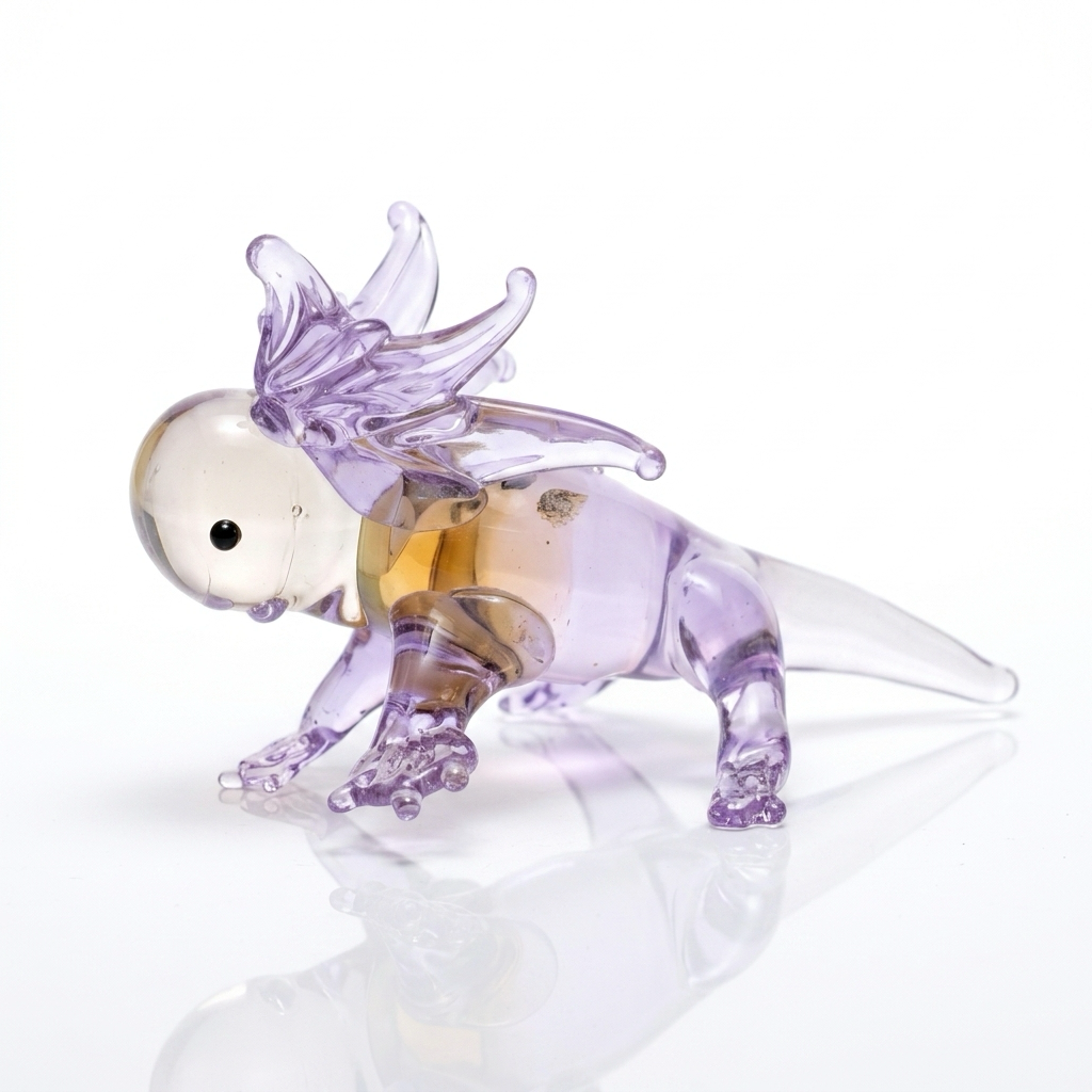 Hand-blown glass axolotl (ajolote) figurine in lilac and amber glass, Mexican folk art.