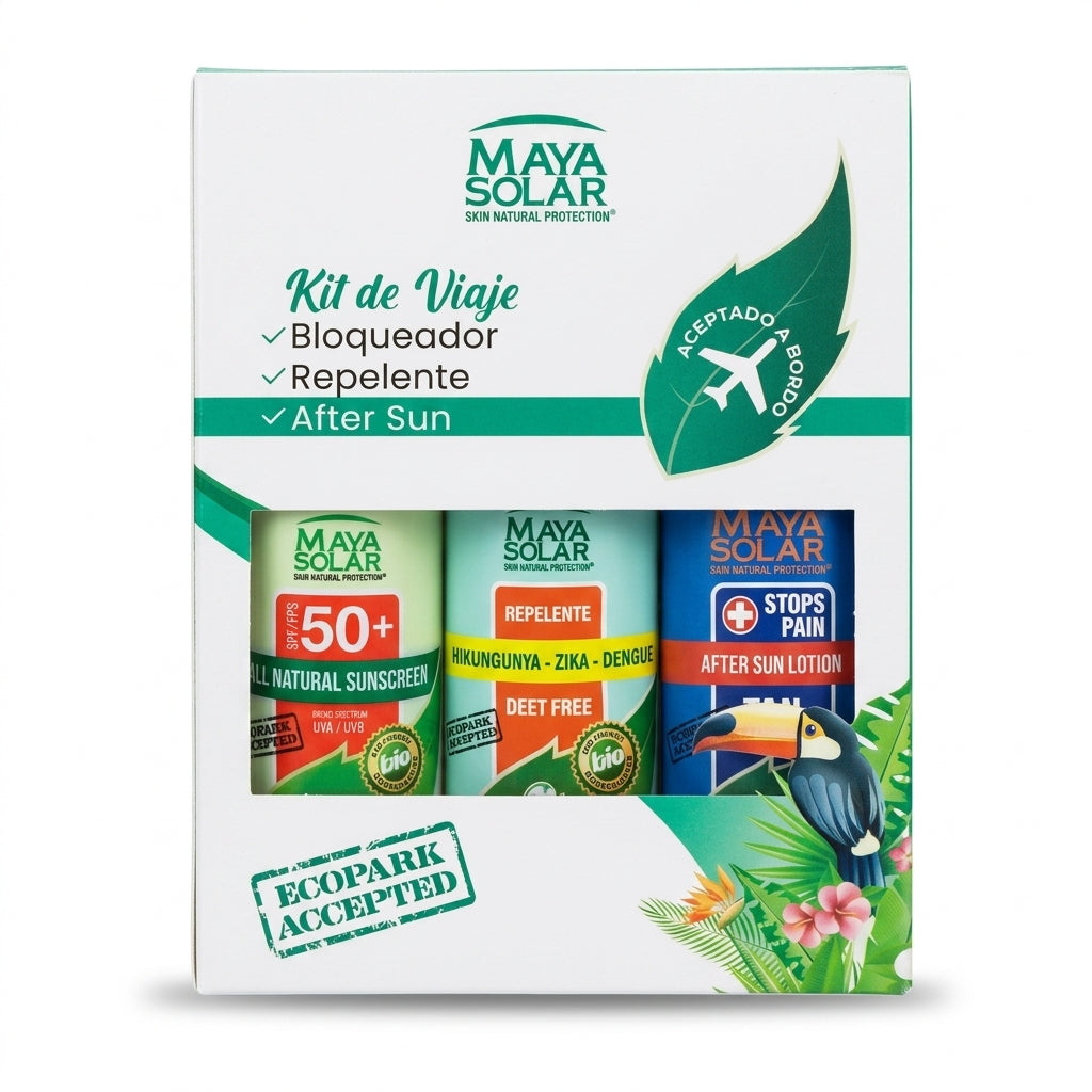 Maya Solar travel kit box — reef-safe SPF 50+ sunscreen, DEET-free repellent and after-sun for Cancún.