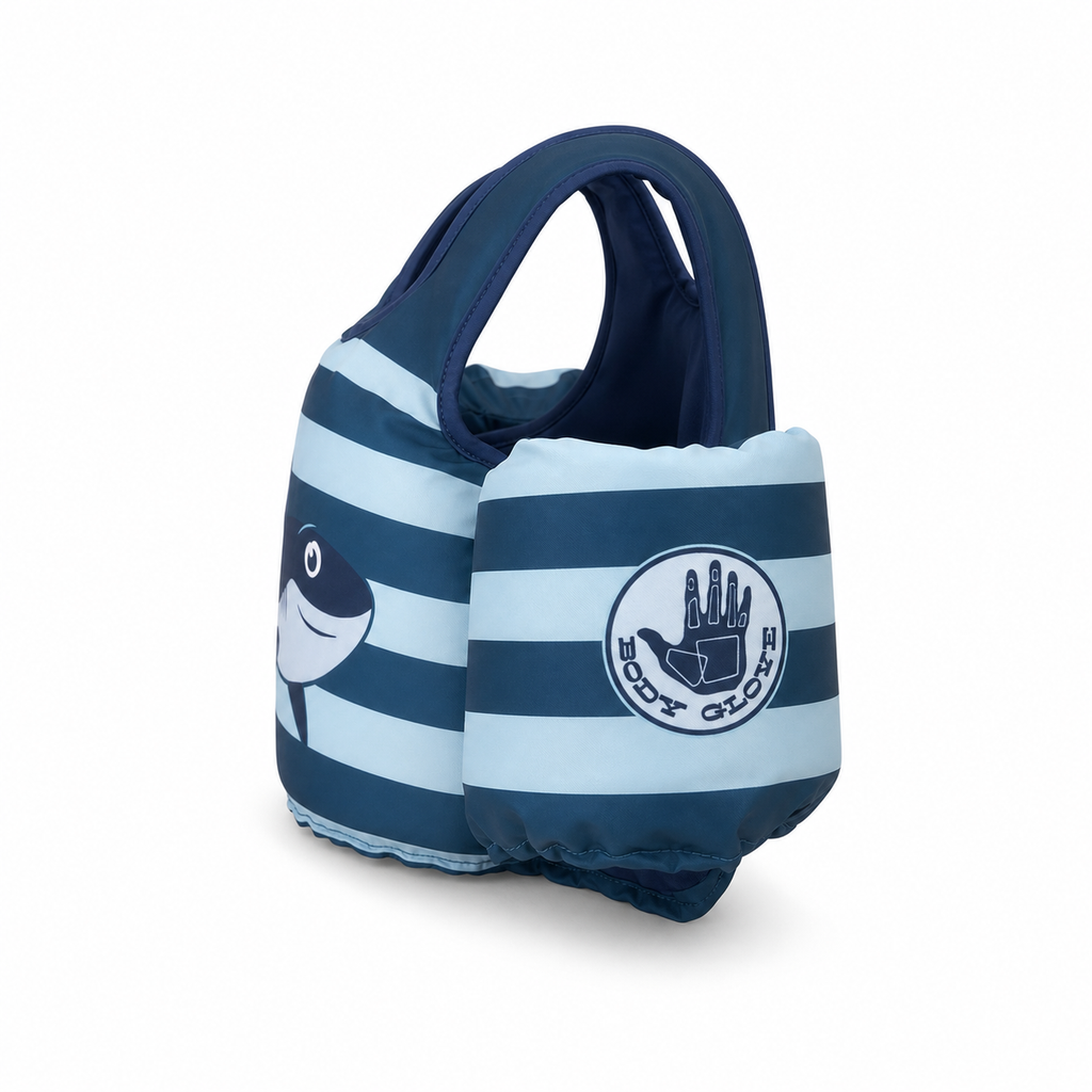 Vista lateral del chaleco infantil Body Glove Paddle Pals Tiburón Azul