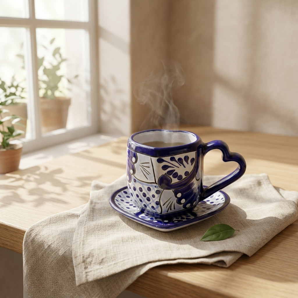 Hand-Painted Talavera Heart Tea Set for 4 (Cups & Saucers)