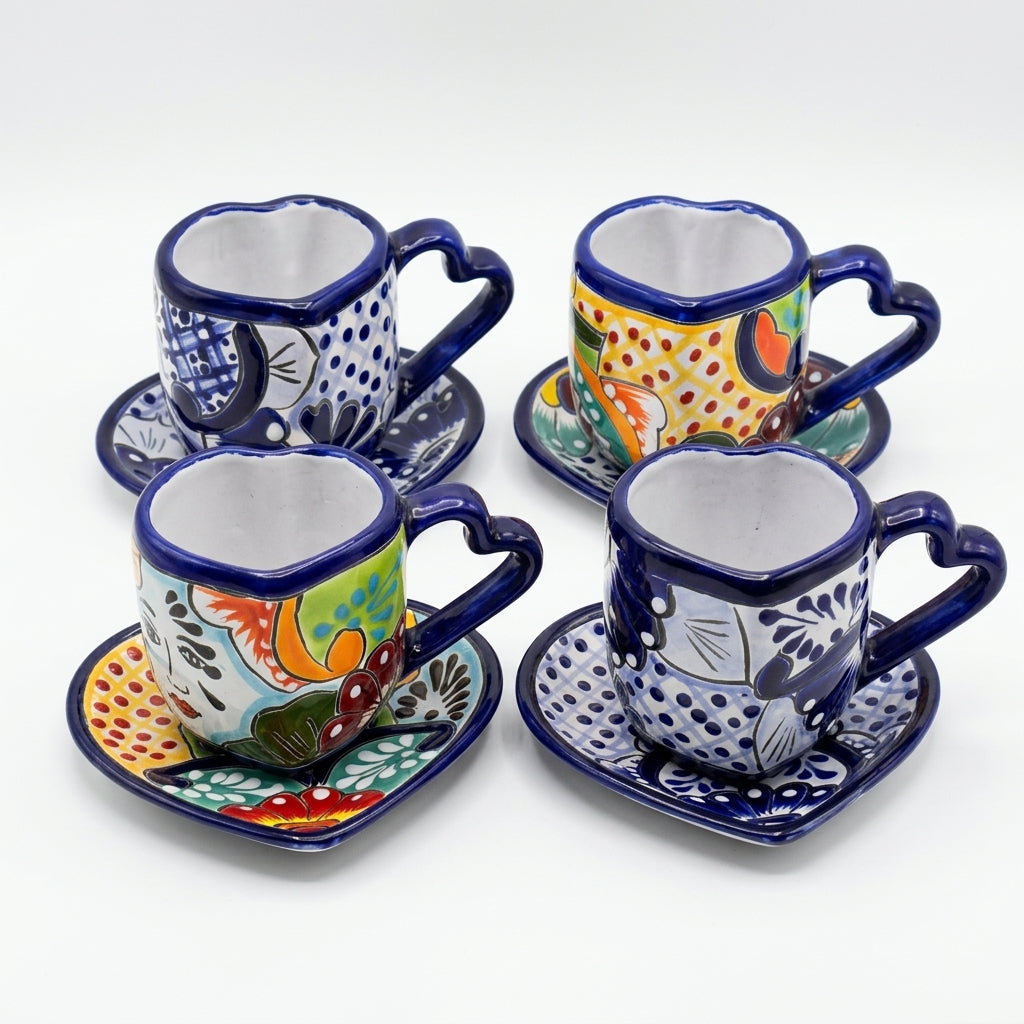 Hand-Painted Talavera Heart Tea Set for 4 (Cups & Saucers)