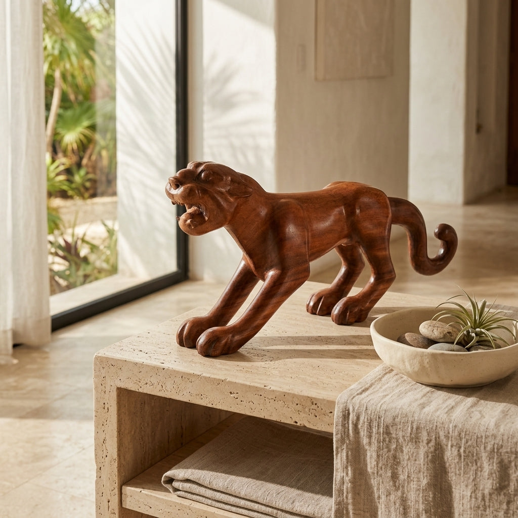 Hand-Carved Wooden Jaguar Figure — Varnished Cedar (83cm)