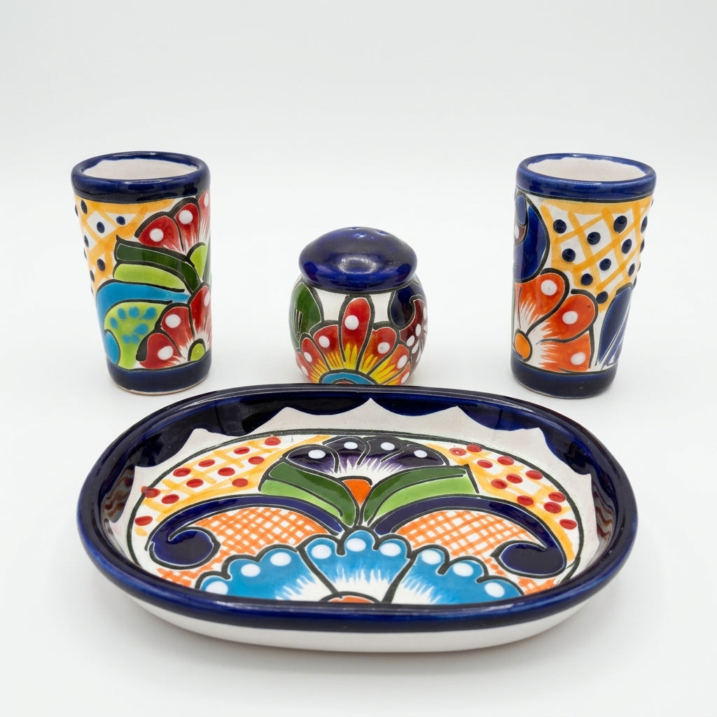 Hand-Painted Talavera Tequila Set — One-of-a-Kind (4-Piece)