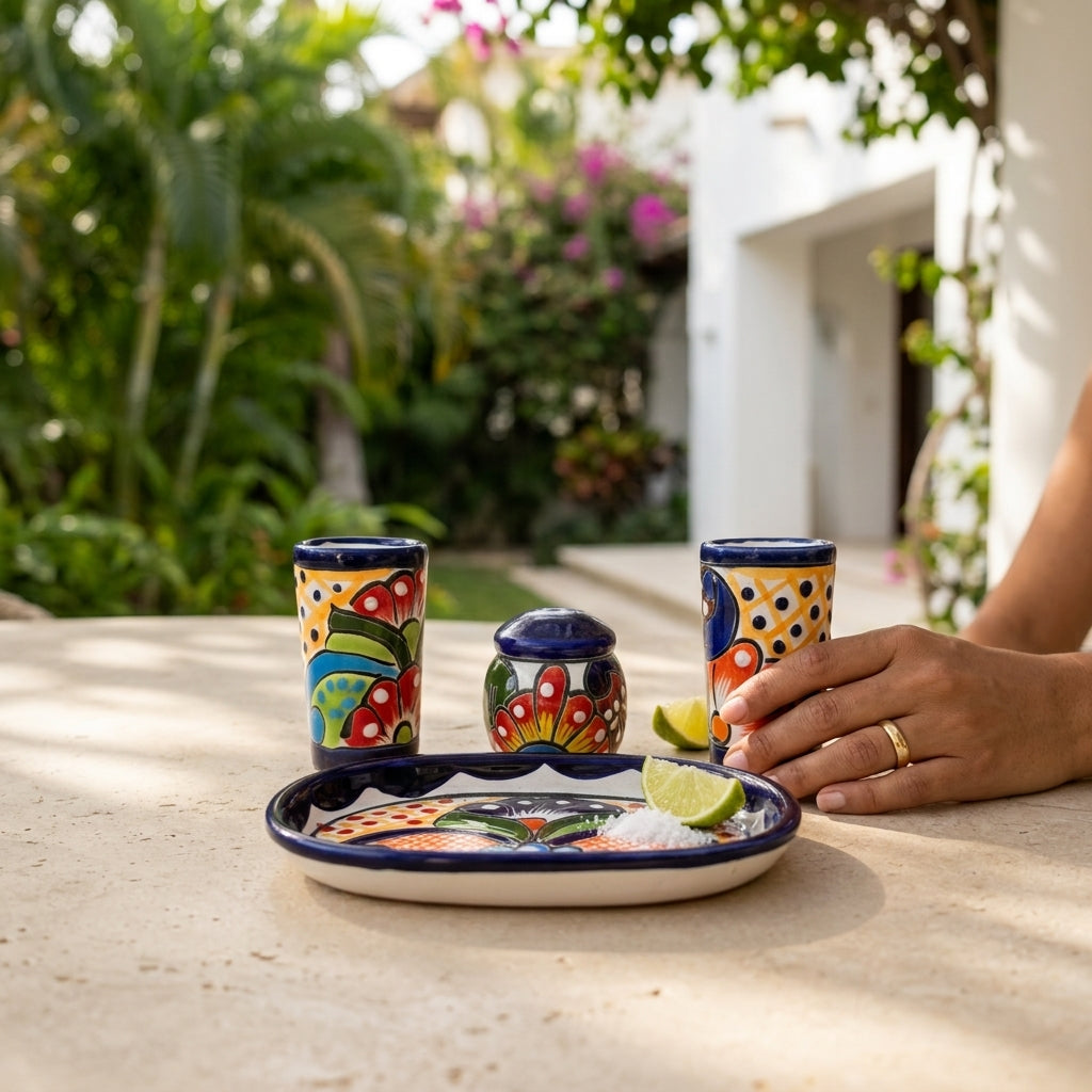 Hand-Painted Talavera Tequila Set — One-of-a-Kind (4-Piece)