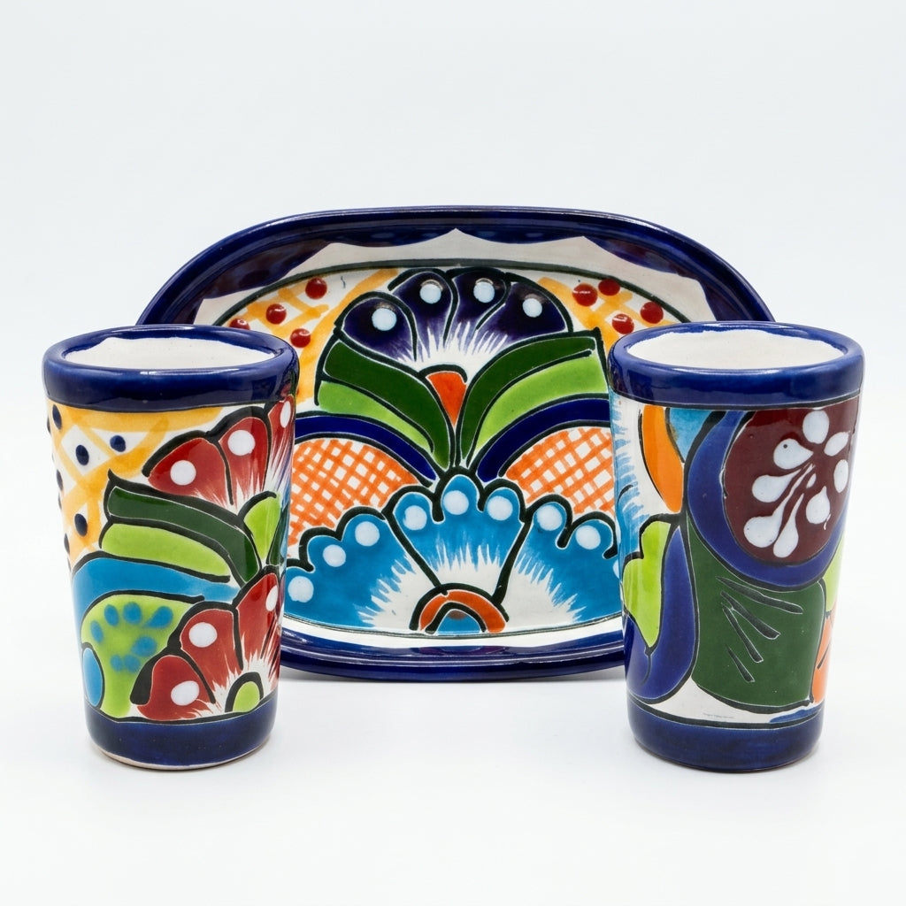 Hand-Painted Talavera Tequila Set — One-of-a-Kind (4-Piece) — Design 2