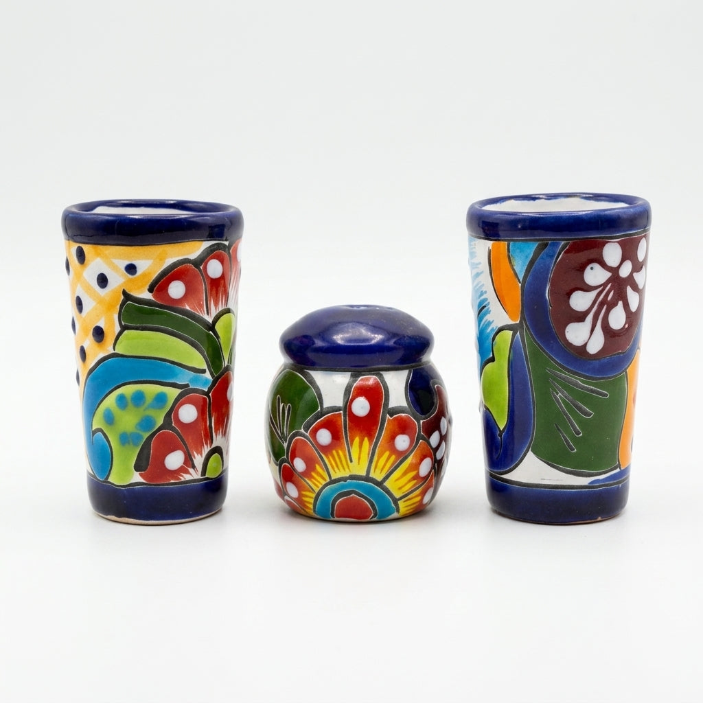 Hand-Painted Talavera Tequila Set — One-of-a-Kind (4-Piece) — Design 2