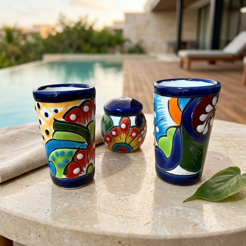 Hand-Painted Talavera Tequila Set — One-of-a-Kind (4-Piece) — Design 2