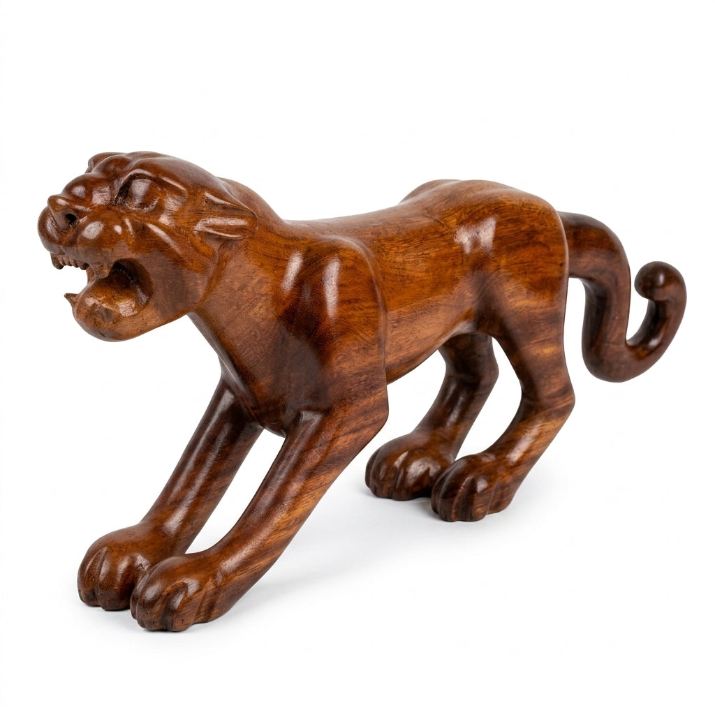 Hand-Carved Wooden Jaguar Figure — Varnished Cedar (83cm)
