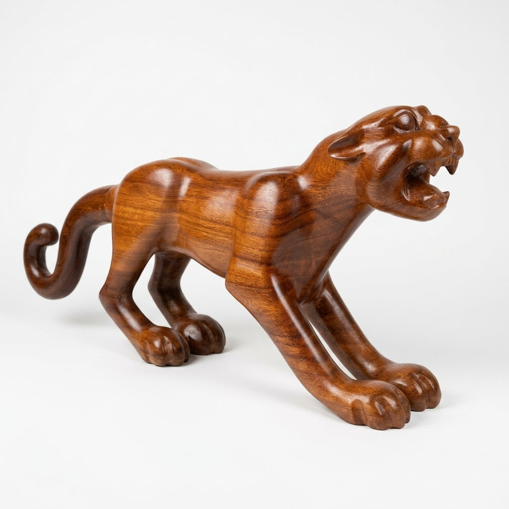 Hand-Carved Wooden Jaguar Figure — Varnished Cedar (83cm)