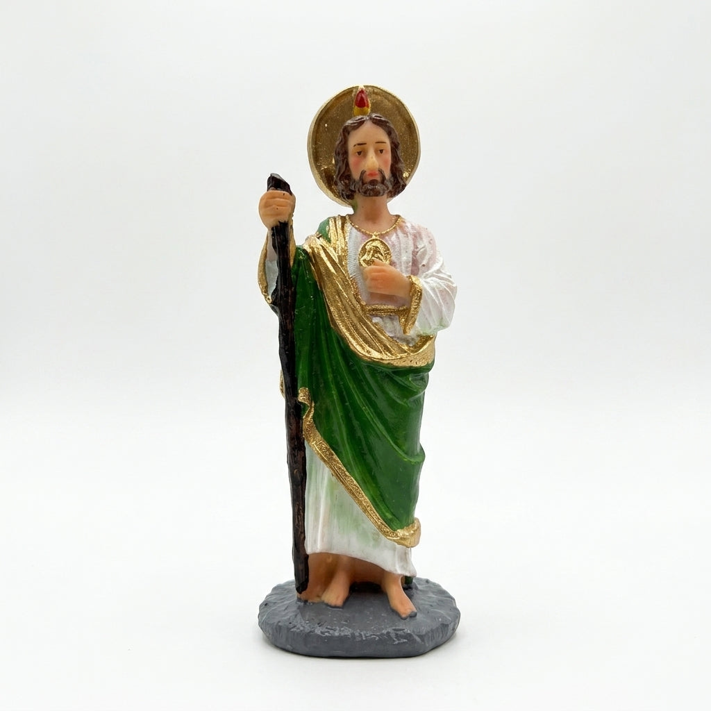 Hand-painted San Judas Tadeo (Saint Jude Thaddeus) statue, 10 cm, Mexican folk art.