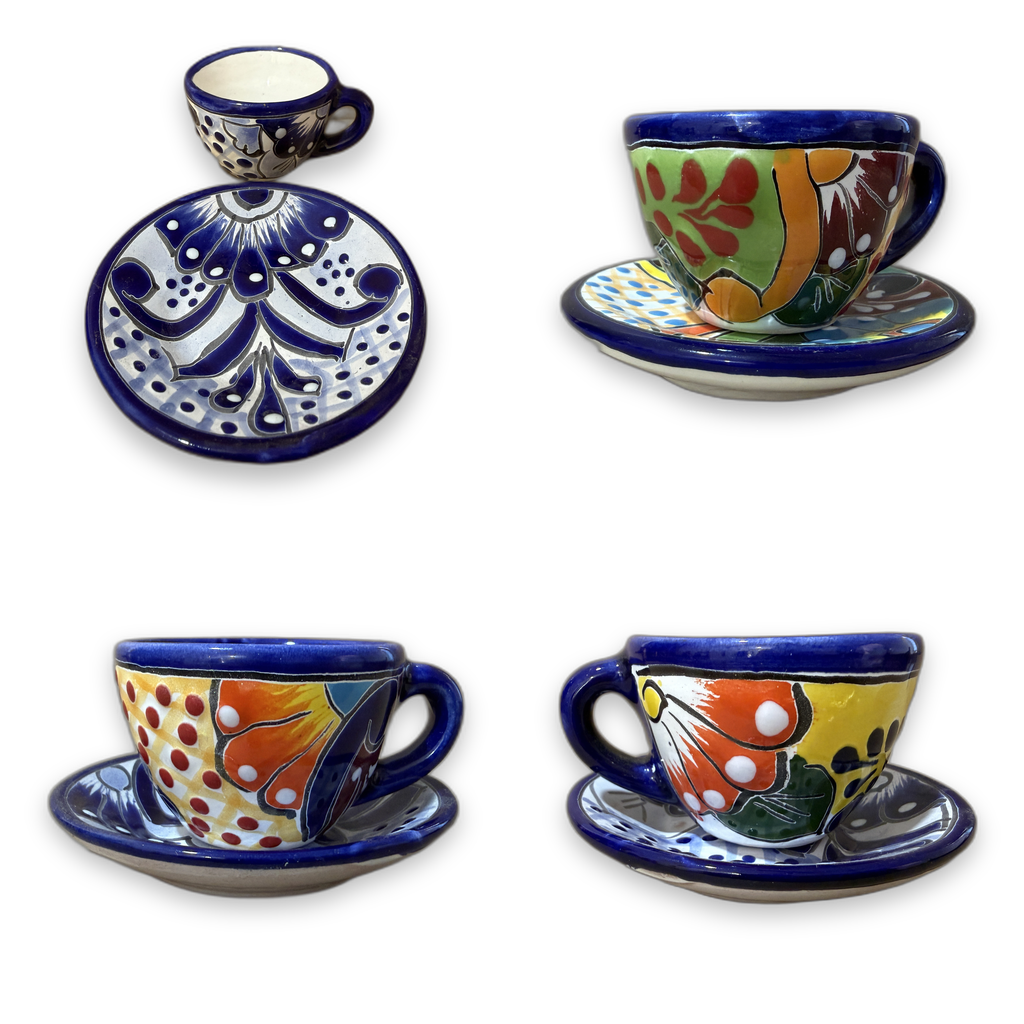 Set of 4 hand-painted Talavera espresso cups with saucers (real pieces).