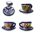 Set of 4 hand-painted Talavera espresso cups with saucers (real pieces).
