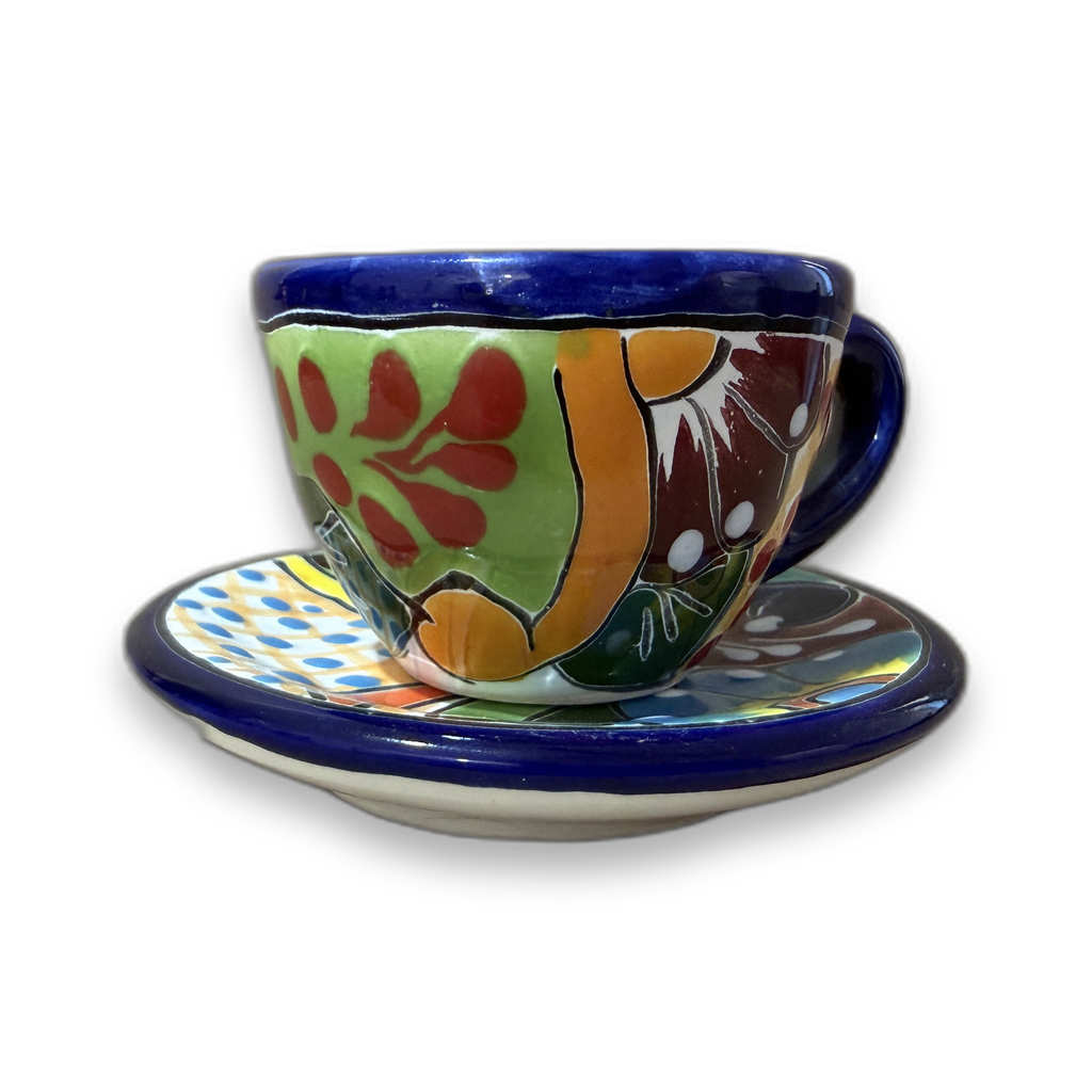 Hand-painted Talavera espresso cup with saucer (real piece), Mexican ceramic.